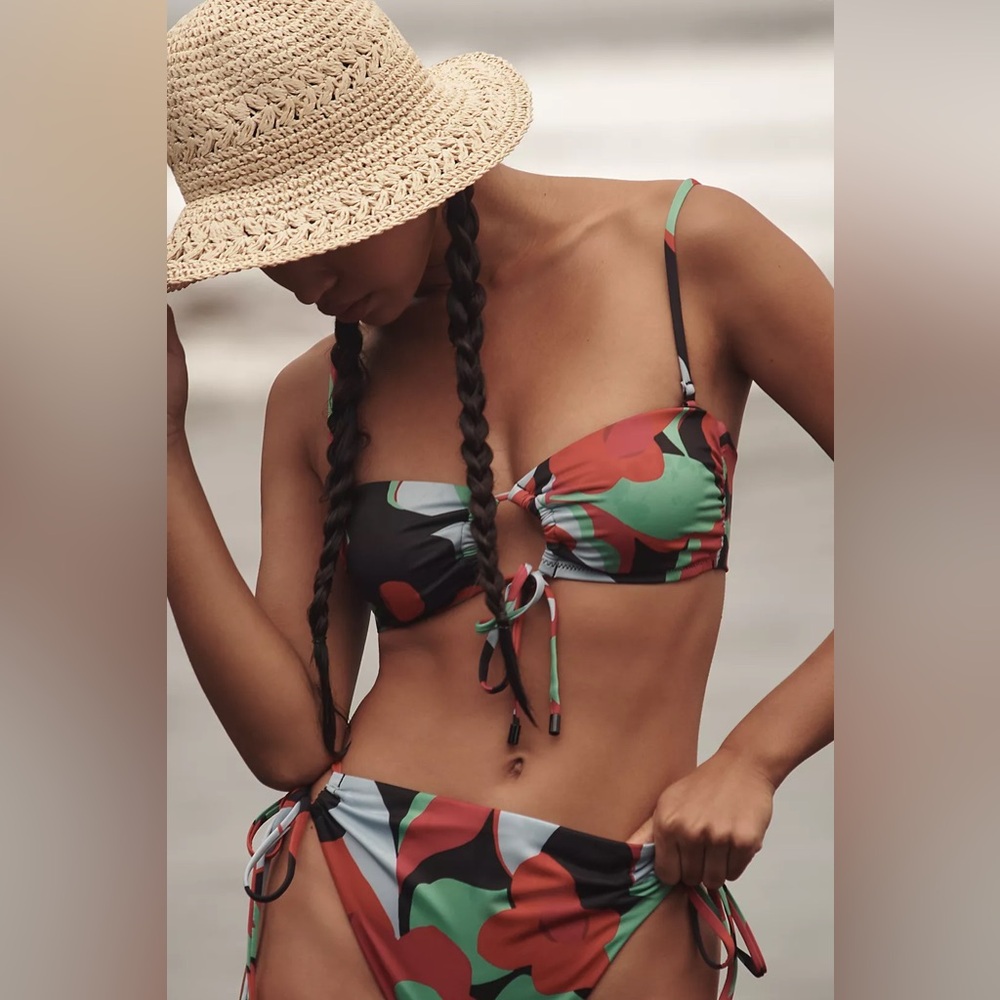 NWT Anthropologie Sanctuary Bandeau black green floral high waist Bikini Set M - Picture 2 of 12